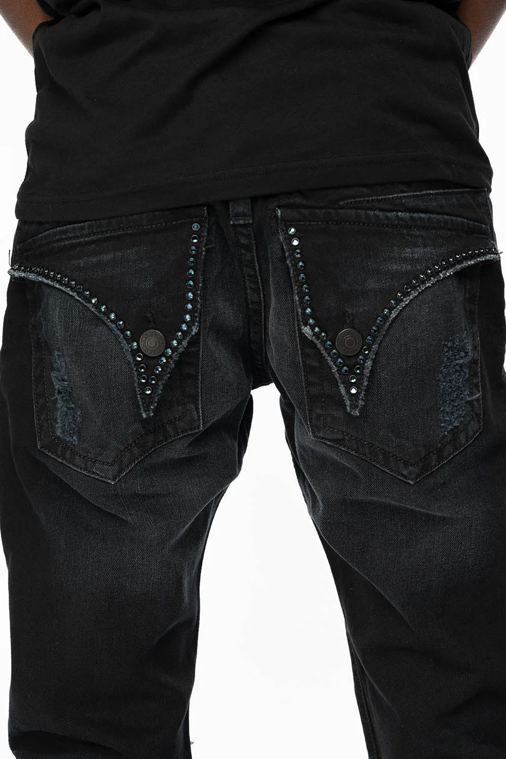 MENS LONG FLAP SLIM JEANS WITH CRYSTALS AND STUDS IN F-UP BLACK WASH sold by Robin's Jean product image thumbnail 4