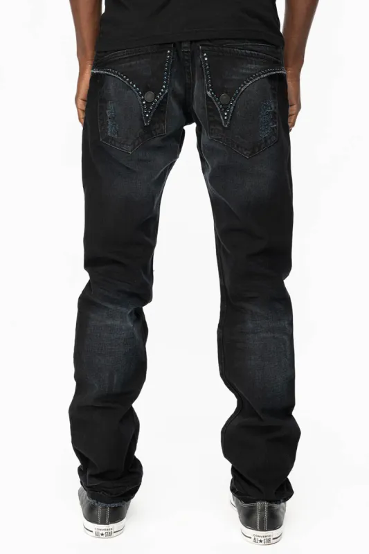MENS LONG FLAP SLIM JEANS WITH  CRYSTALS AND STUDS IN F-UP BLACK WASH sold by Robin's Jean