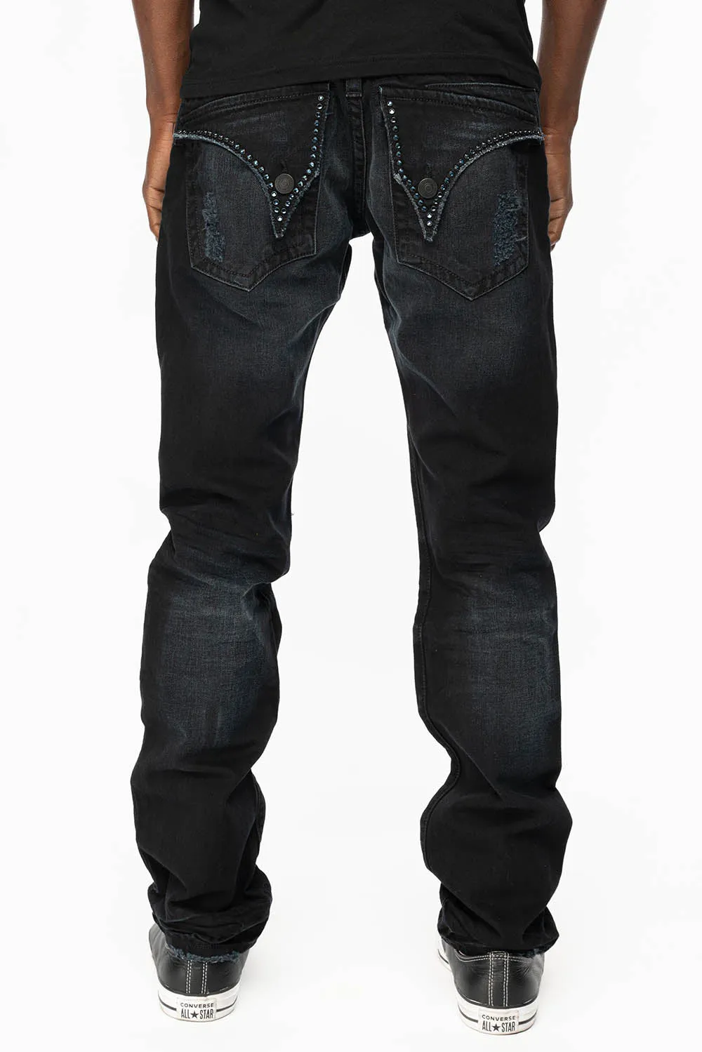 MENS LONG FLAP SLIM JEANS WITH CRYSTALS AND STUDS IN F-UP BLACK WASH sold by Robin's Jean