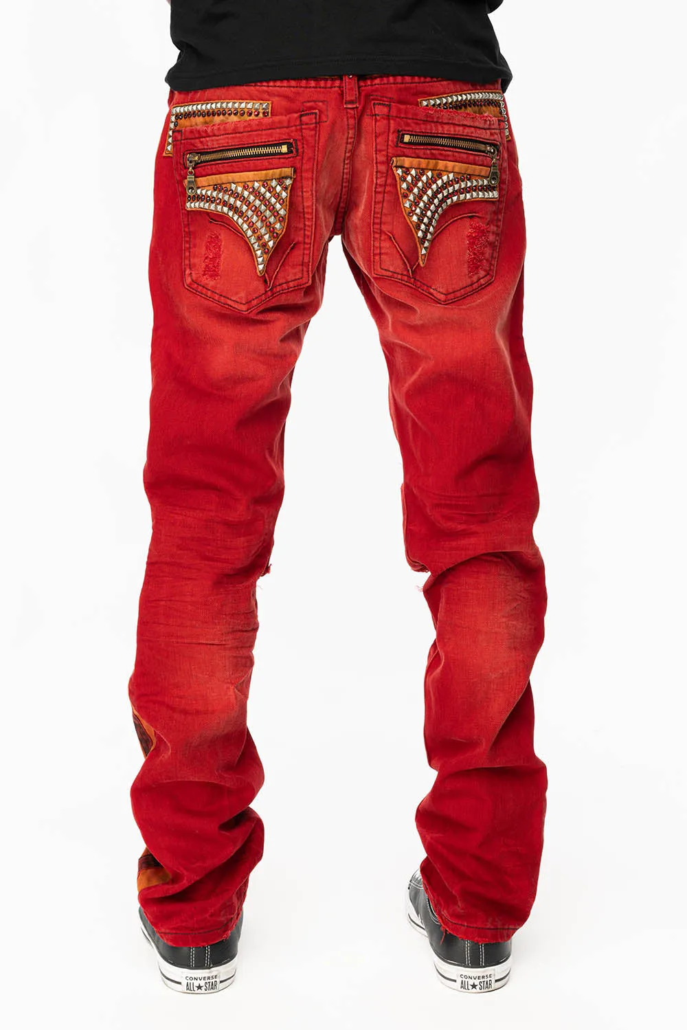 MINI FLAP MENS SLIM JEANS IN F-UP RED BROKEN WASH WITH CRYSTALS AND STUDS sold by Robin's Jean