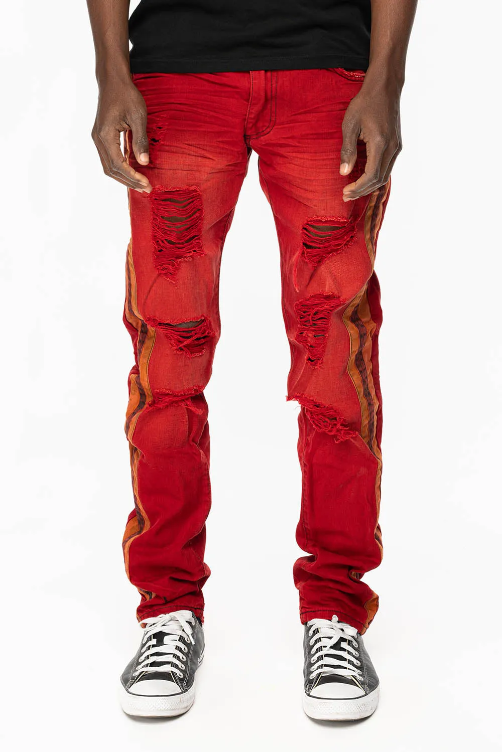MINI FLAP MENS SLIM JEANS IN F-UP RED BROKEN WASH WITH CRYSTALS AND STUDS sold by Robin's Jean product image thumbnail 2
