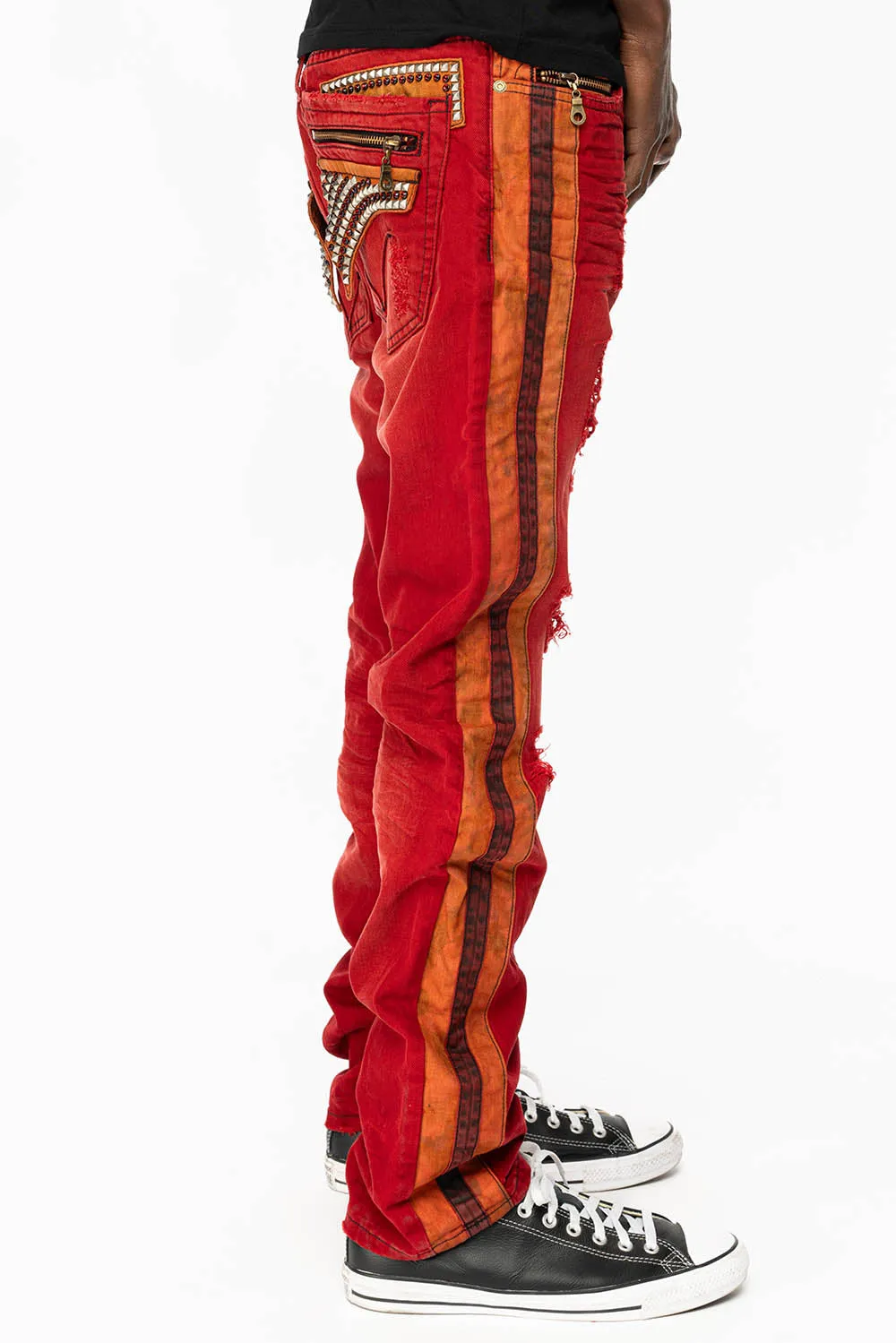 MINI FLAP MENS SLIM JEANS IN F-UP RED BROKEN WASH WITH CRYSTALS AND STUDS sold by Robin's Jean product image thumbnail 3