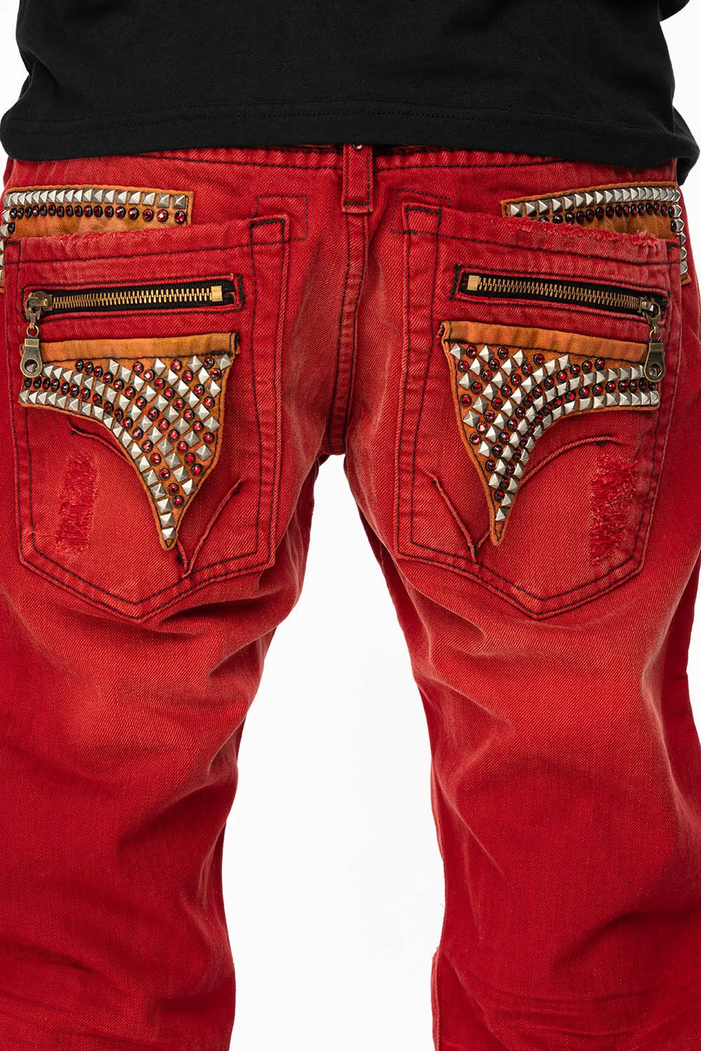 MINI FLAP MENS SLIM JEANS IN F-UP RED BROKEN WASH WITH CRYSTALS AND STUDS sold by Robin's Jean product image thumbnail 4