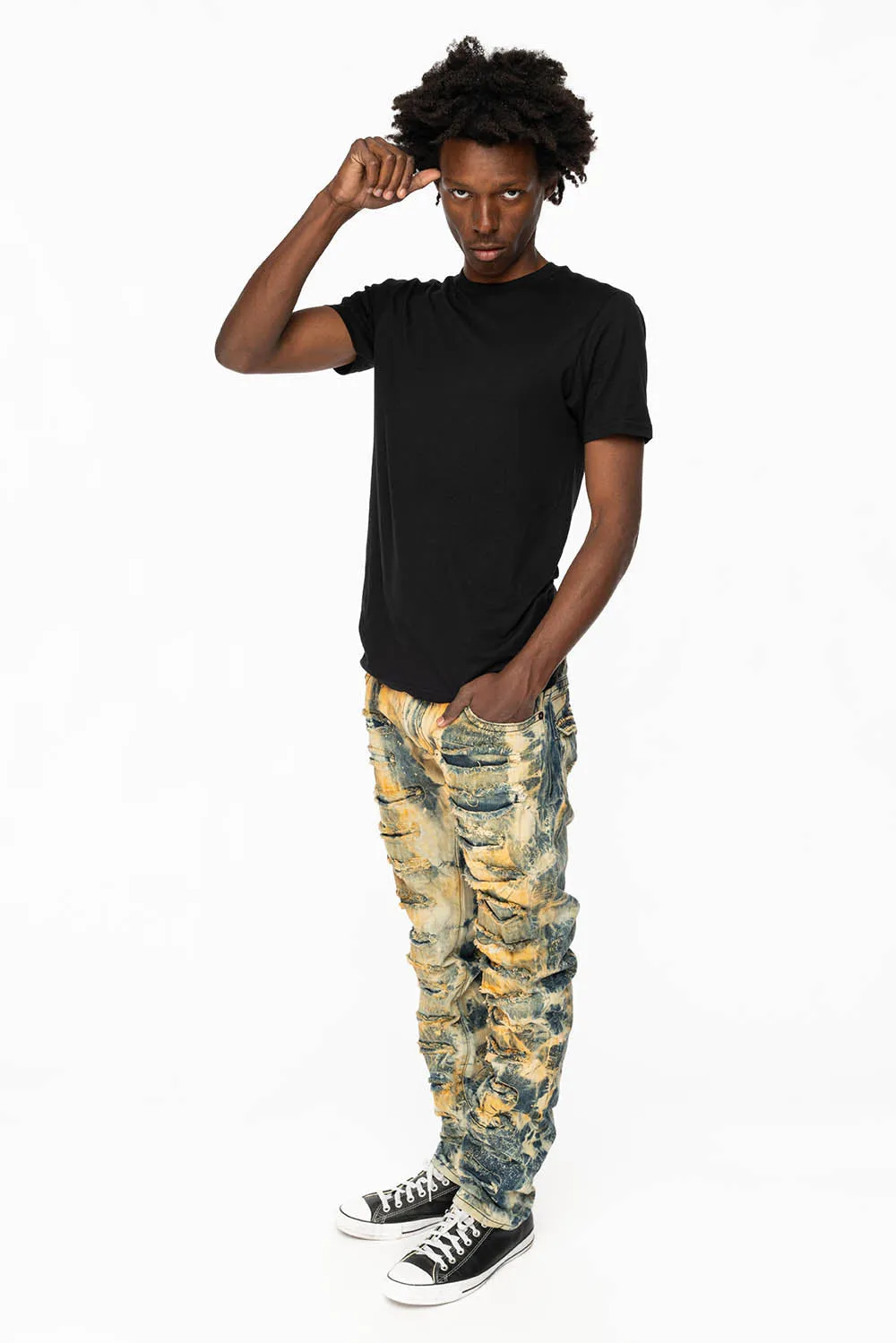 MENS LONG FLAP SLIM RIPPED JEANS WITH FULL CRYSTALS IN SYDNEY WASH sold by Robin's Jean product image thumbnail 5