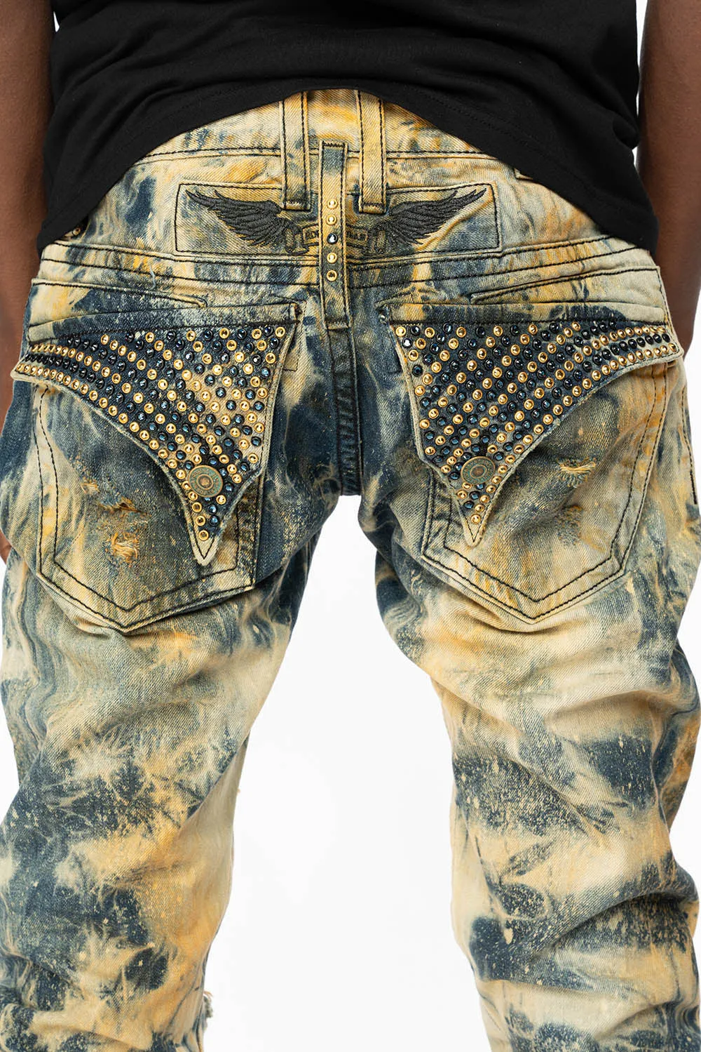 MENS LONG FLAP SLIM RIPPED JEANS WITH FULL CRYSTALS IN SYDNEY WASH sold by Robin's Jean product image thumbnail 4