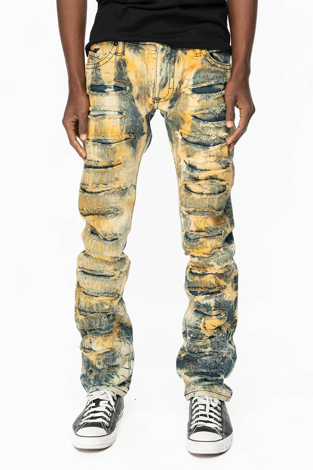 MENS LONG FLAP SLIM RIPPED JEANS WITH FULL CRYSTALS IN SYDNEY WASH sold by Robin's Jean product image thumbnail 2