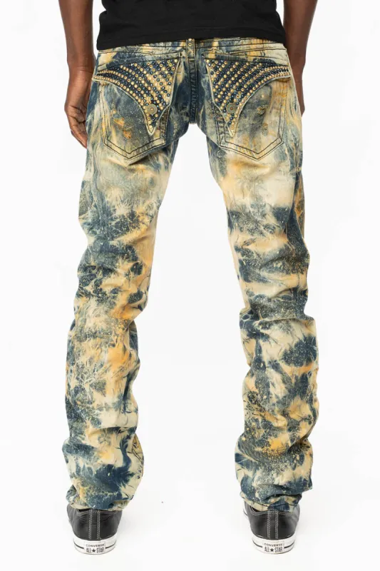 MENS LONG FLAP SLIM  RIPPED JEANS WITH  FULL CRYSTALS  IN SYDNEY WASH sold by Robin's Jean
