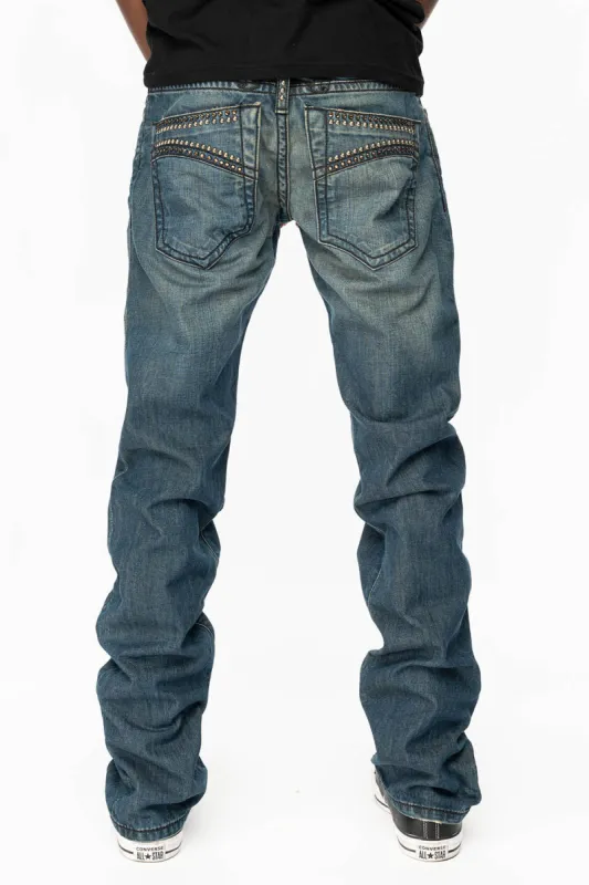 MENS CLASSIC 5 POCKET STRAIGHT LEG JEANS IN SMOKEY MEDIUM WASH WITH STUDS AND CRYSTALS sold by Robin's Jean