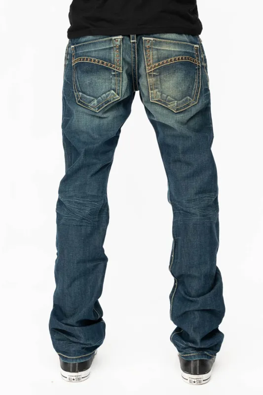 MENS CLASSIC 5 POCKET STRAIGHT LEG JEANS IN BLUE DARK WASH WITH STUDS sold by Robin's Jean