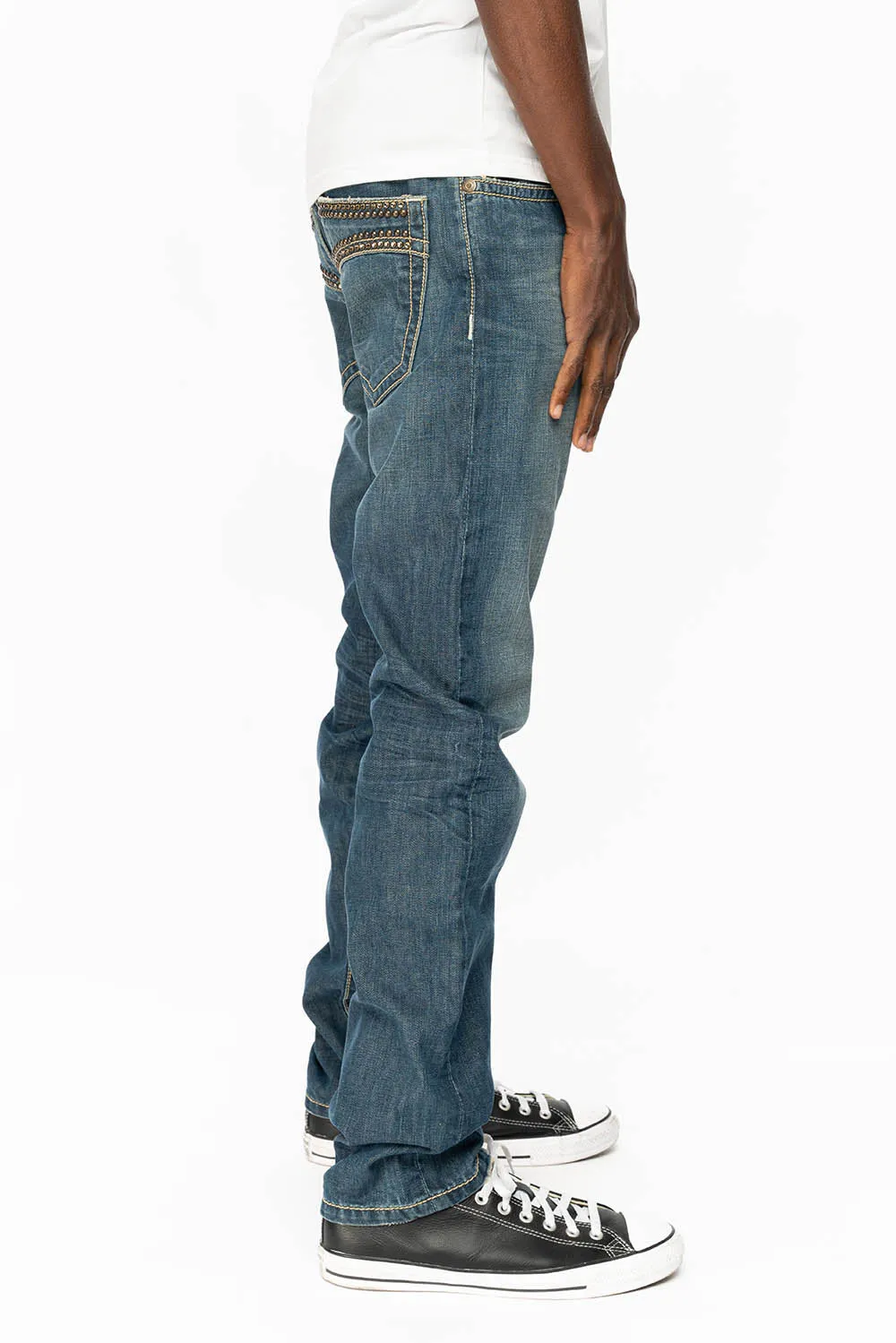 MENS CLASSIC 5 POCKET STRAIGHT LEG JEANS IN 3D MEDIUM WASH WITH STUDS AND CRYSTALS sold by Robin's Jean product image thumbnail 3