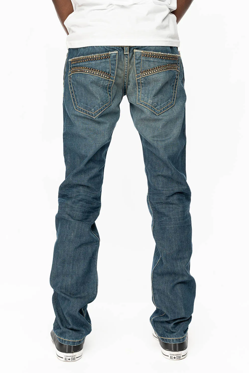 MENS CLASSIC 5 POCKET STRAIGHT LEG JEANS IN 3D MEDIUM WASH WITH STUDS AND CRYSTALS sold by Robin's Jean