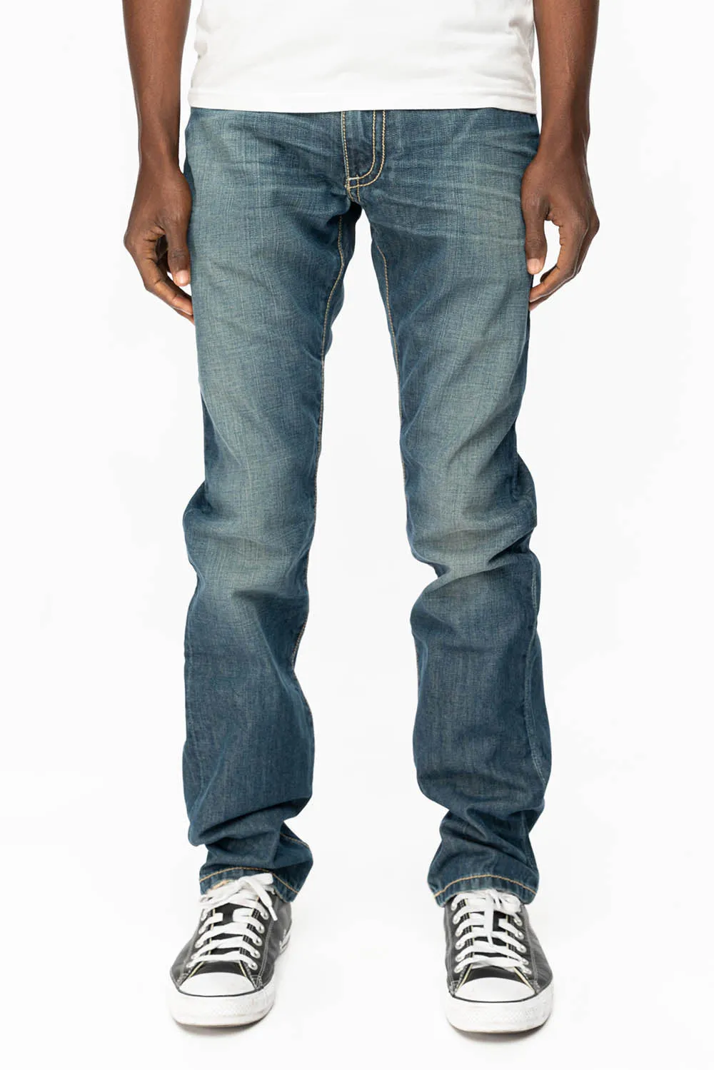 MENS CLASSIC 5 POCKET STRAIGHT LEG JEANS IN 3D MEDIUM WASH WITH STUDS AND CRYSTALS sold by Robin's Jean product image thumbnail 2