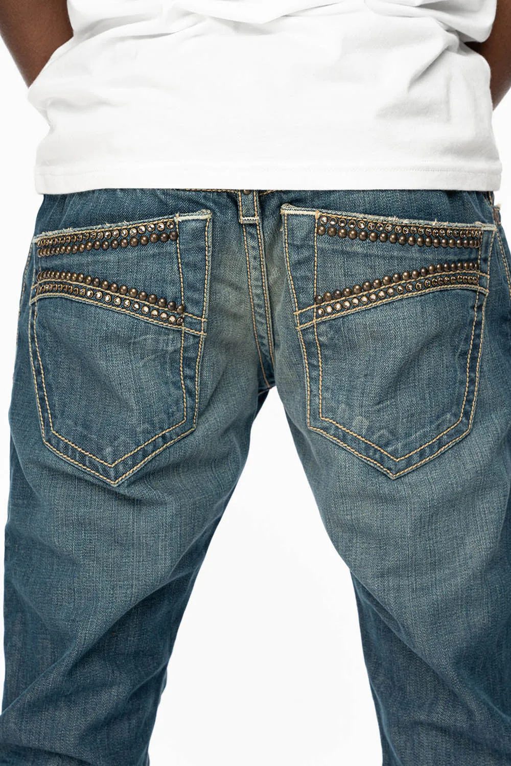 MENS CLASSIC 5 POCKET STRAIGHT LEG JEANS IN 3D MEDIUM WASH WITH STUDS AND CRYSTALS sold by Robin's Jean product image thumbnail 4