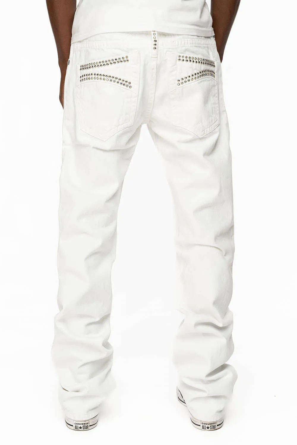 MENS CLASSIC 5 POCKET STRAIGHT LEG JEANS IN WHITE WITH STUDS AND CRYSTALS sold by Robin's Jean