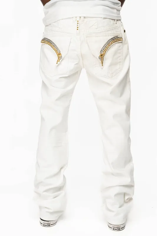 KILLER FLAP STRAIGHT LEG JEANS WITH  CRYSTALS  IN WHITE DNM sold by Robin's Jean