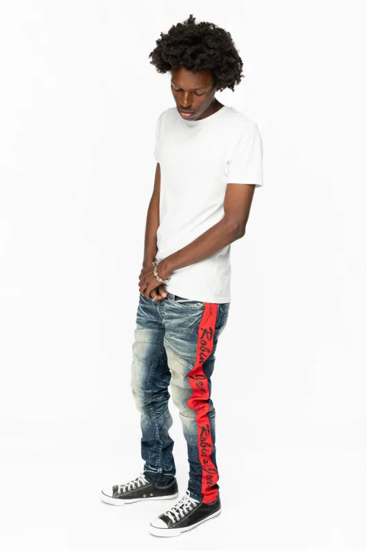 SKINNY MENS 5D DARK BLUE WASH DENIM WITH LOGO TRACK STRIPE sold by Robin's Jean