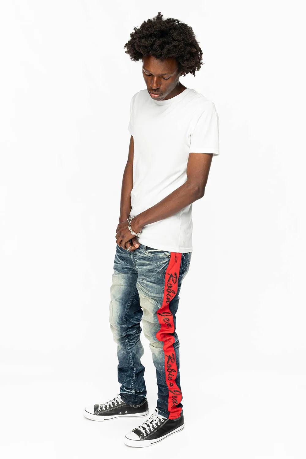 SKINNY MENS 5D DARK BLUE WASH DENIM WITH LOGO TRACK STRIPE sold by Robin's Jean