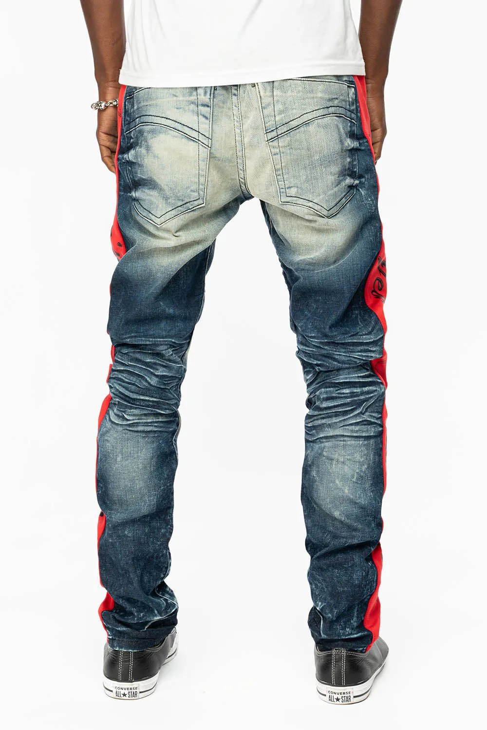 SKINNY MENS 5D DARK BLUE WASH DENIM WITH LOGO TRACK STRIPE sold by Robin's Jean product image thumbnail 4