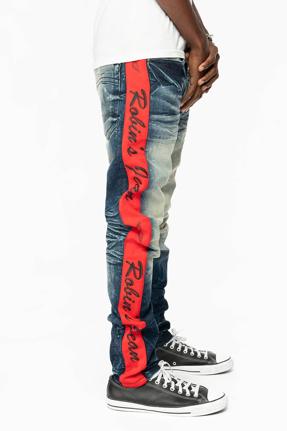 SKINNY MENS 5D DARK BLUE WASH DENIM WITH LOGO TRACK STRIPE sold by Robin's Jean product image thumbnail 3