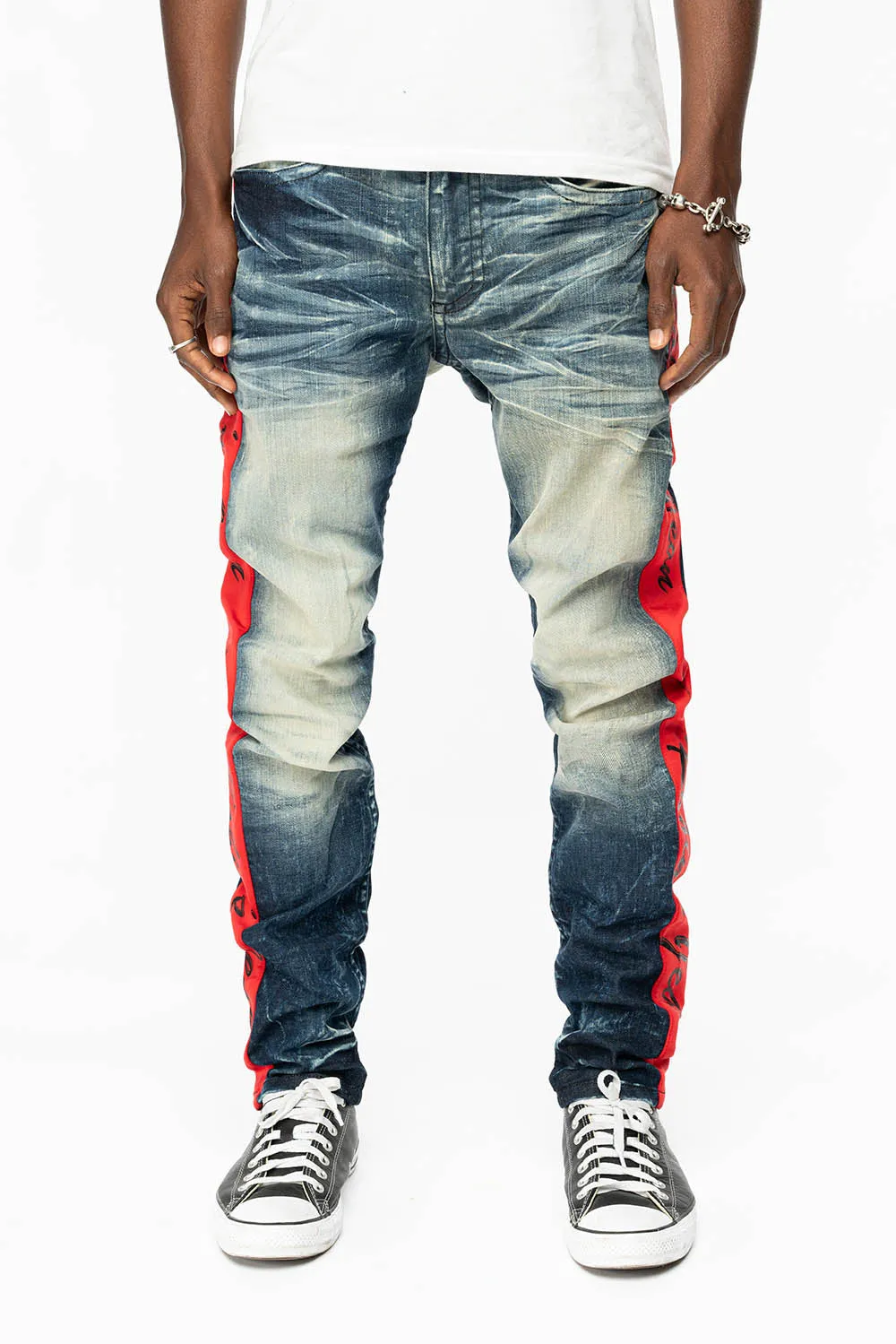 SKINNY MENS 5D DARK BLUE WASH DENIM WITH LOGO TRACK STRIPE sold by Robin's Jean product image thumbnail 2