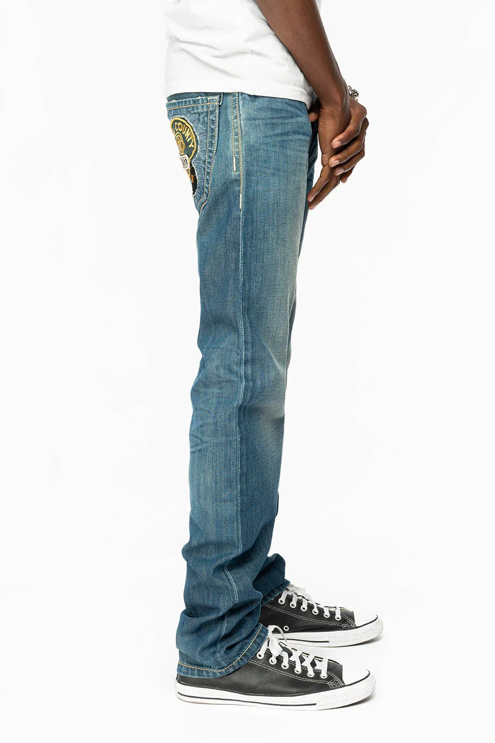 CLASSIC 5 POCKET STRAIGHT LEG JEANS IN BLUE 3D MEDIUM WASH WITH PATCH sold by Robin's Jean product image thumbnail 4