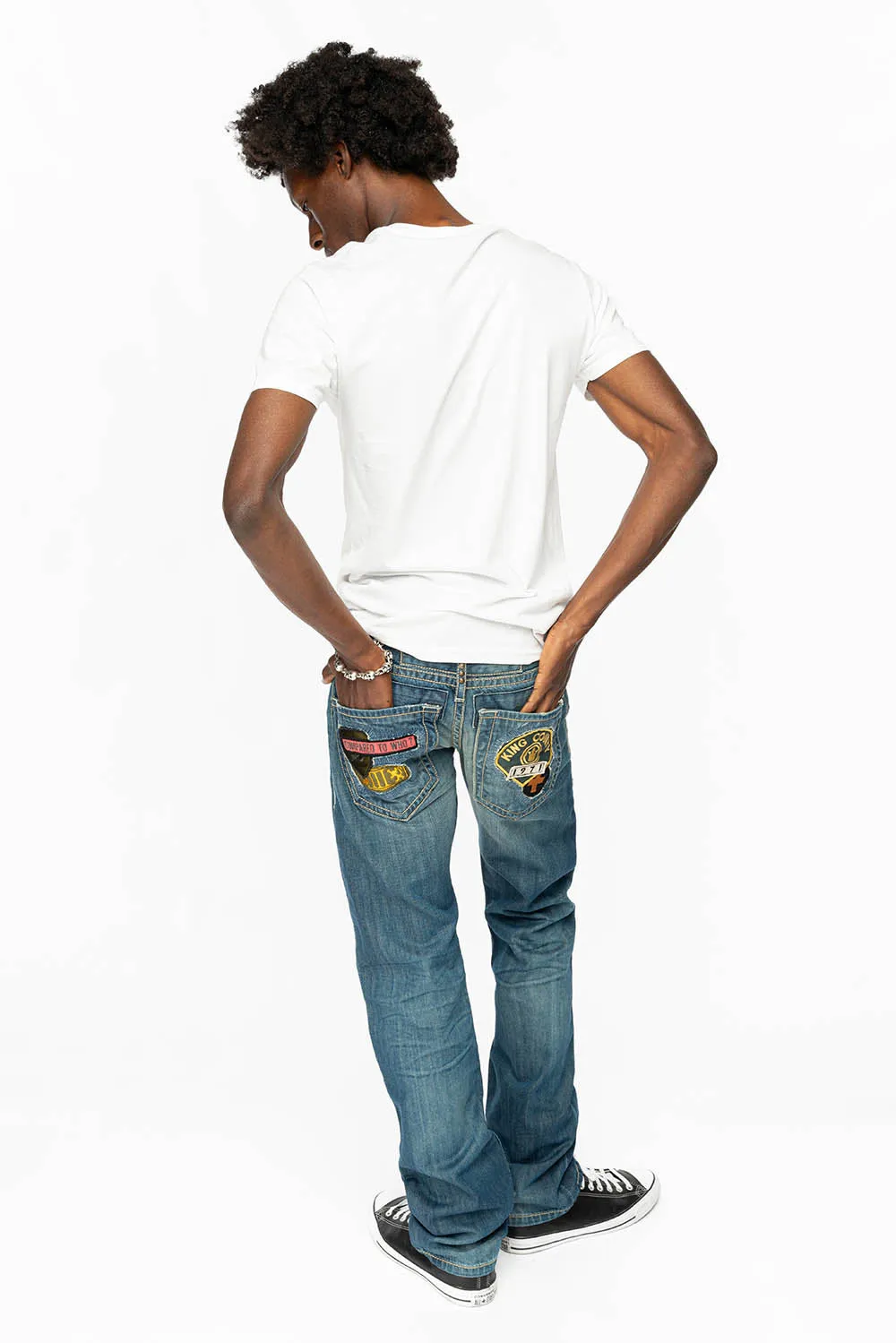 CLASSIC 5 POCKET STRAIGHT LEG JEANS IN BLUE 3D MEDIUM WASH WITH PATCH sold by Robin's Jean