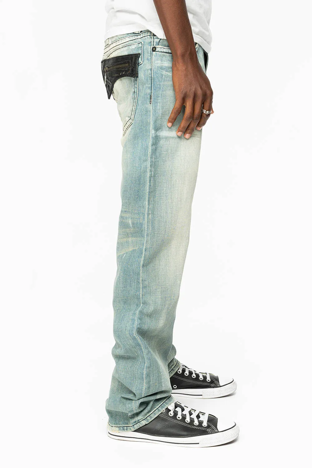 ROBIN’S LEATHER FLAP STRAIGHT LEG JEANS IN GARAGE-LIGHT WASH sold by Robin's Jean product image thumbnail 4