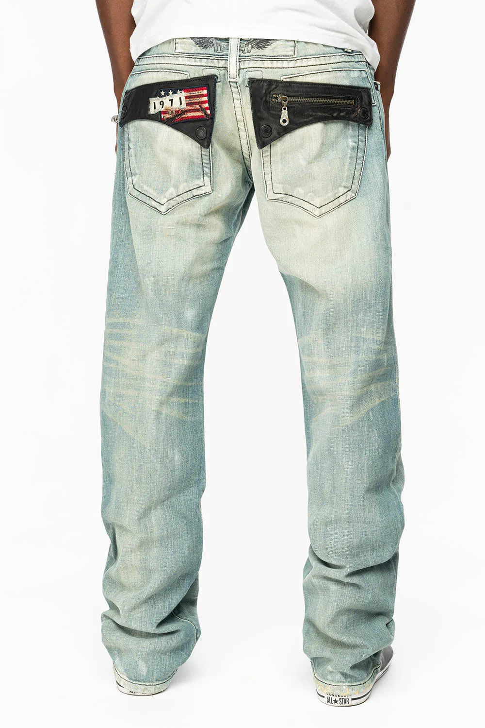 ROBIN’S LEATHER FLAP STRAIGHT LEG JEANS IN GARAGE-LIGHT WASH sold by Robin's Jean product image thumbnail 5