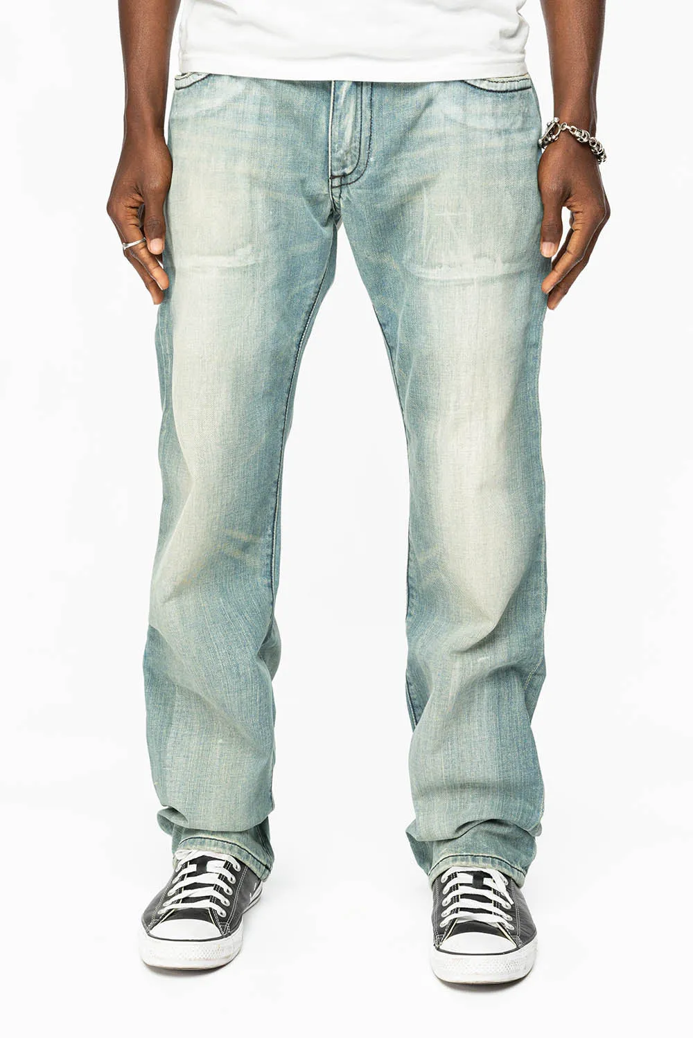 ROBIN’S LEATHER FLAP STRAIGHT LEG JEANS IN GARAGE-LIGHT WASH sold by Robin's Jean product image thumbnail 3