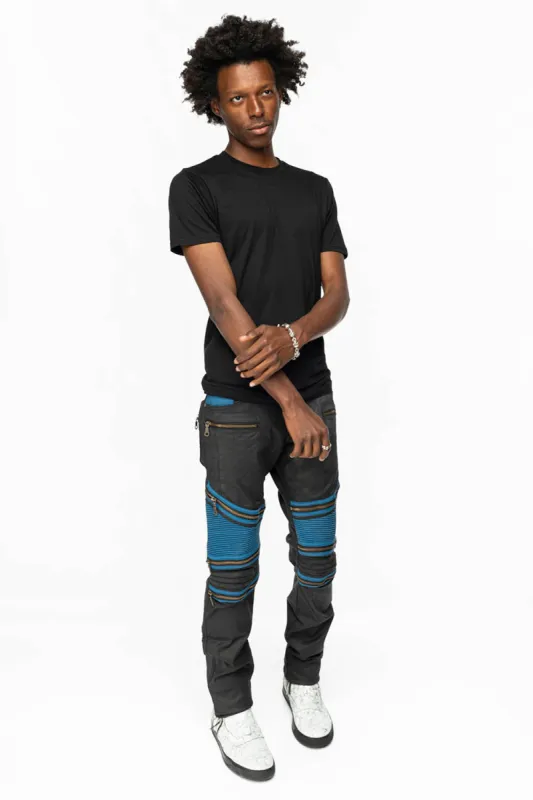 MENS THE SHOW BIKER JEANS IN BLACK DY FABRIC WITH BLUE INSERTS sold by Robin's Jean