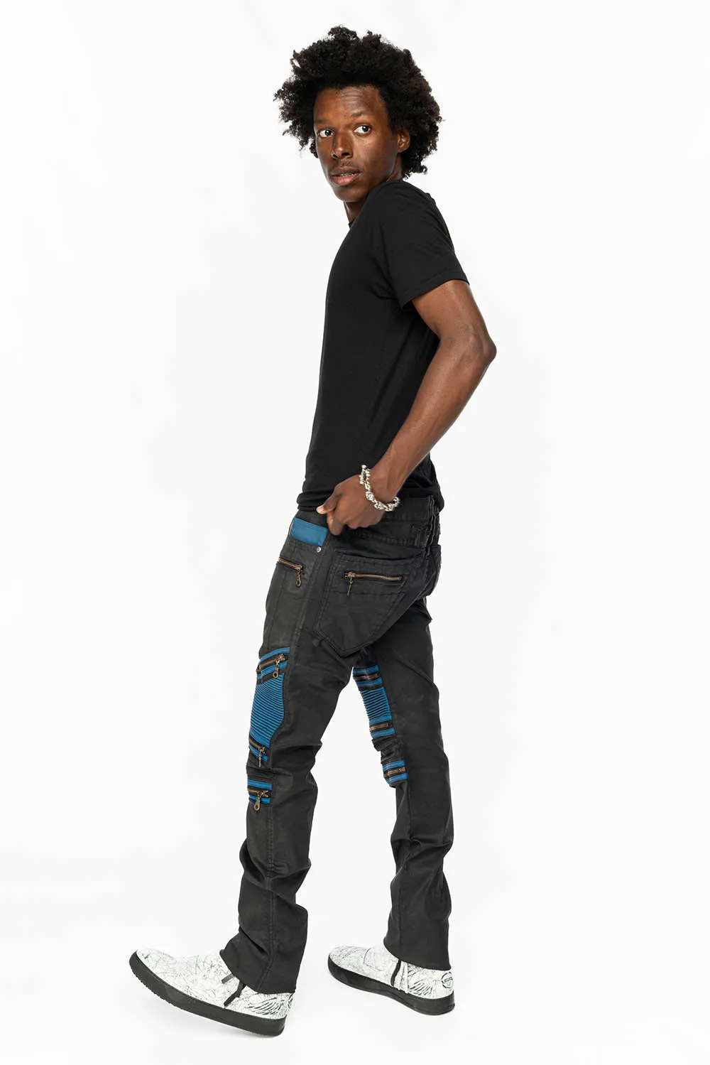MENS THE SHOW BIKER JEANS IN BLACK DY FABRIC WITH BLUE INSERTS sold by Robin's Jean product image thumbnail 2