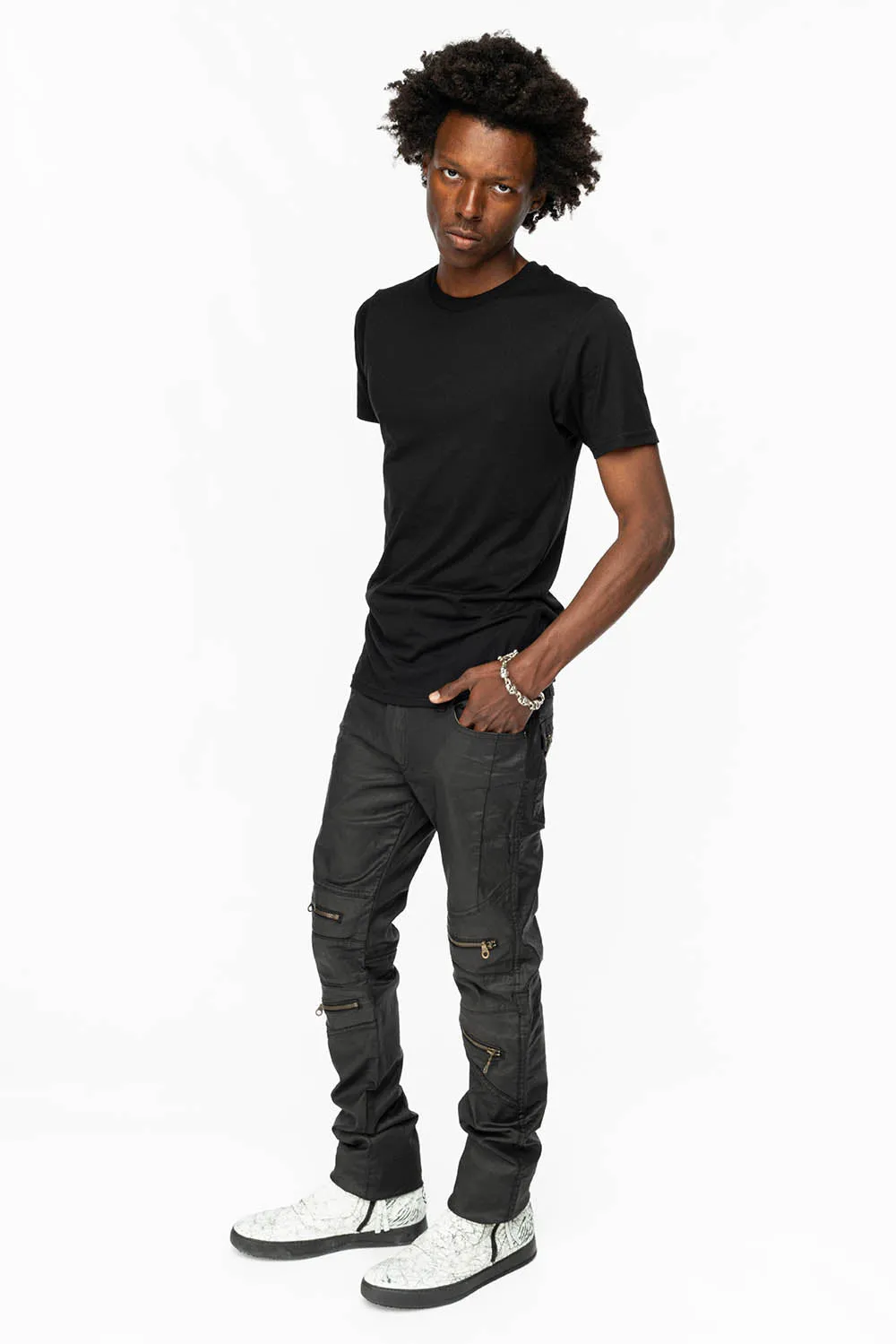 MENS ZIPPER FLAP BIKER JEANS IN BLACK DY FABRIC sold by Robin's Jean
