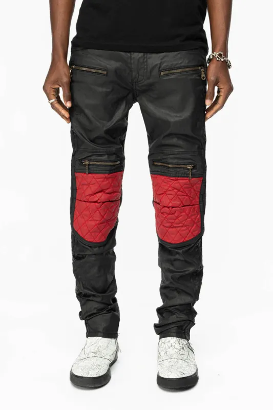 MENS BIKER JEANS IN DY FABRIC IN BLACK WASH WITH RED INSERTS sold by Robin's Jean