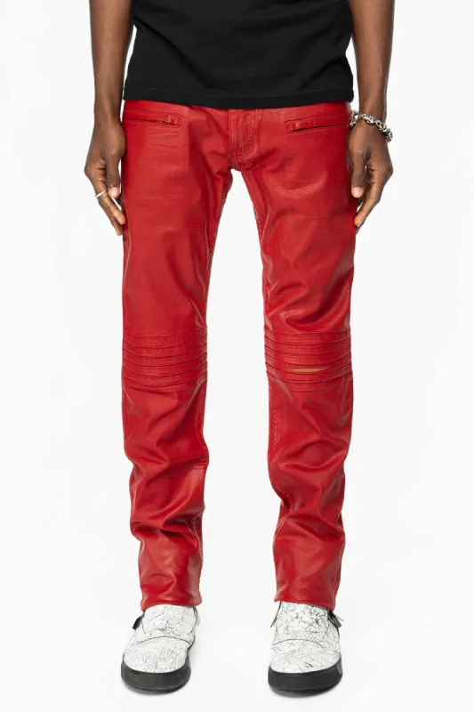MENS MOTO BIKER JEANS IN SPECIAL RED WASH WITH COATING sold by Robin's Jean