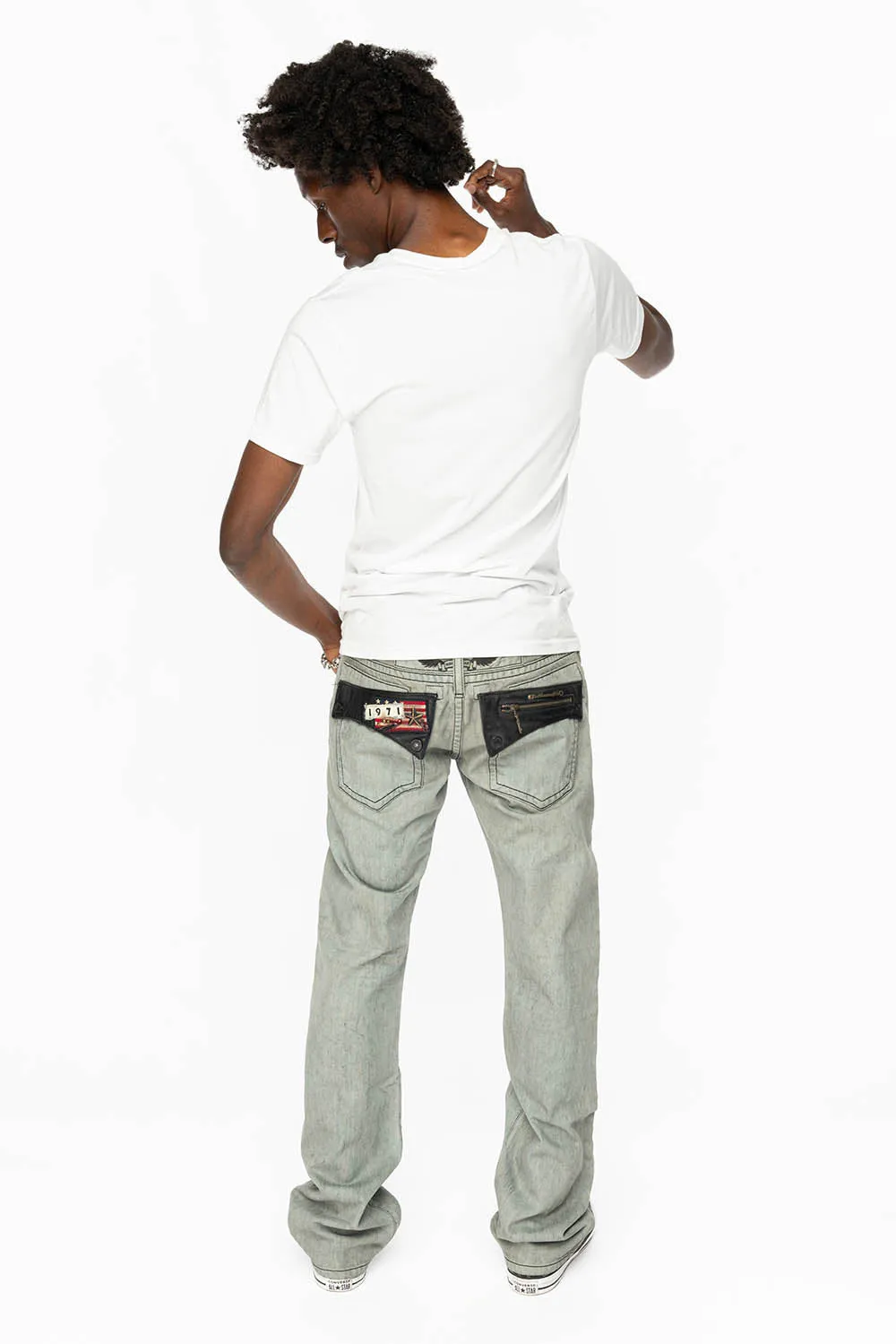 ROBIN’S LEATHER FLAP STRAIGHT LEG JEANS IN FUTURE WASH sold by Robin's Jean