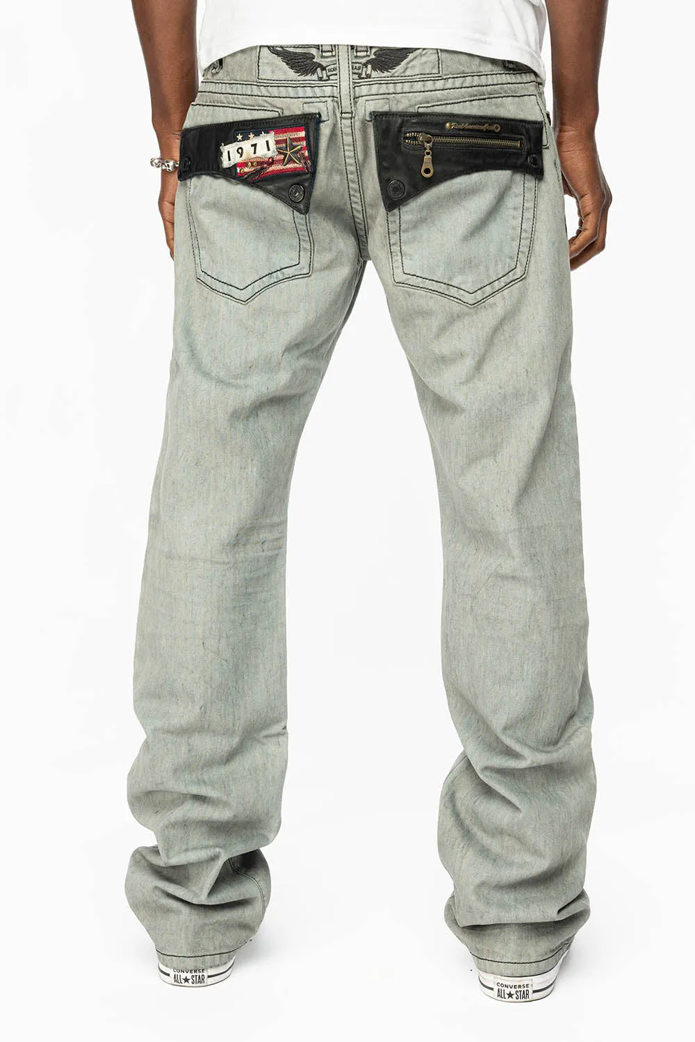 ROBIN’S LEATHER FLAP STRAIGHT LEG JEANS IN FUTURE WASH sold by Robin's Jean product image thumbnail 4