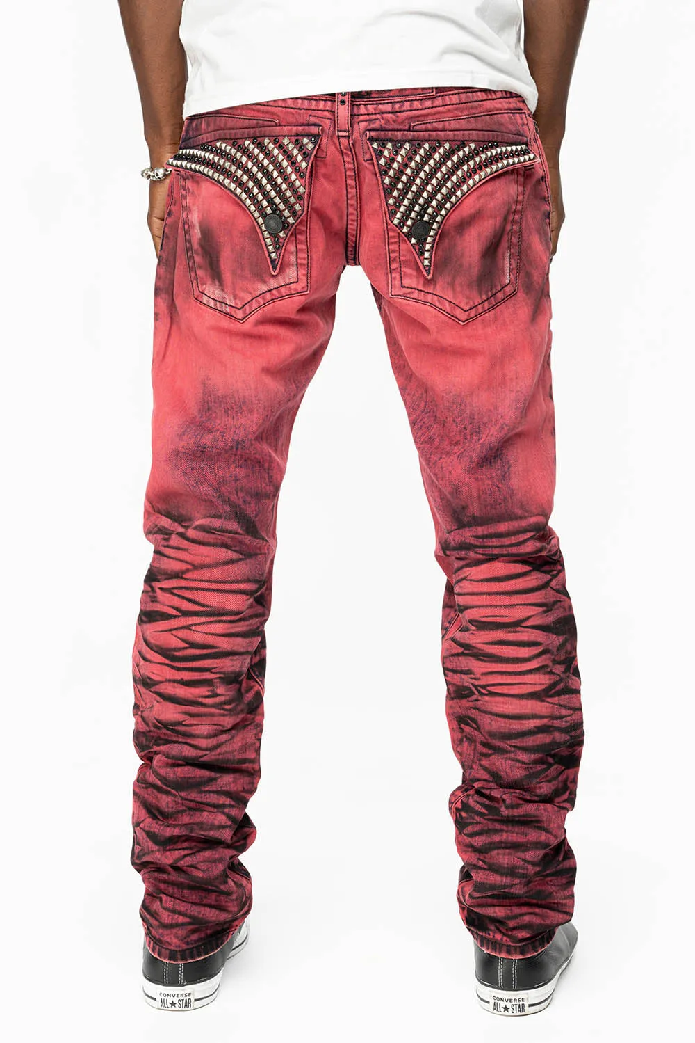 KILLER FLAP SLIM LEG JEANS WITH CRYSTALS AND NAILHEAD IN RED WASH BLACK sold by Robin's Jean product image thumbnail 3
