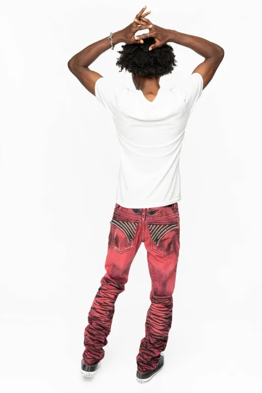 KILLER FLAP SLIM LEG JEANS WITH  CRYSTALS AND NAILHEAD IN RED WASH BLACK sold by Robin's Jean
