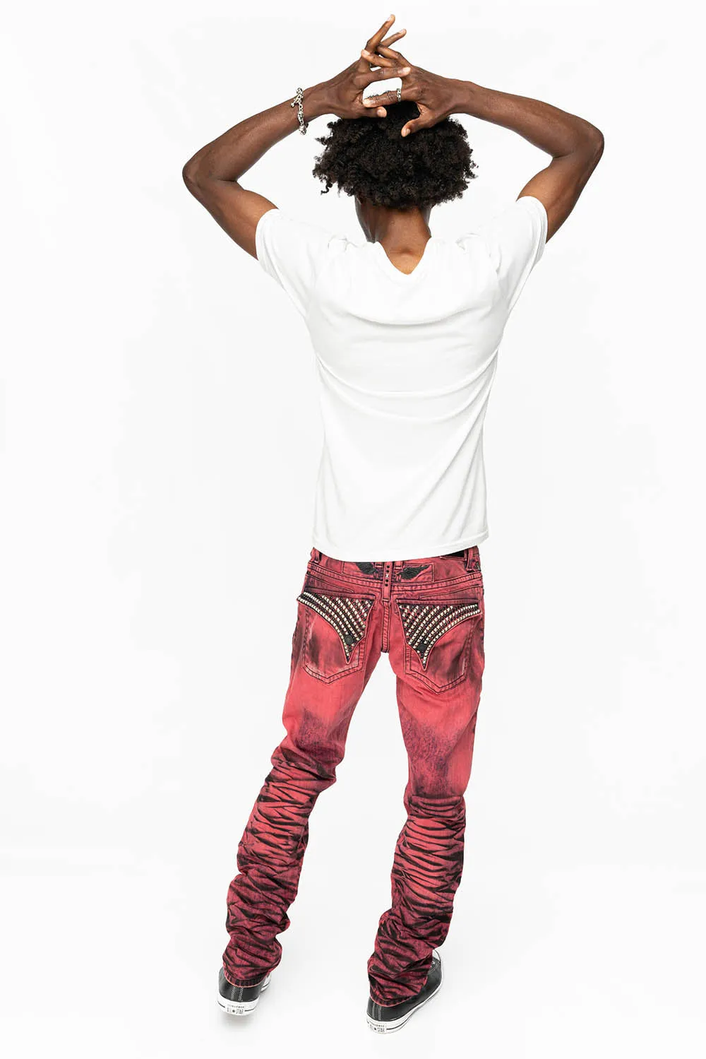 KILLER FLAP SLIM LEG JEANS WITH CRYSTALS AND NAILHEAD IN RED WASH BLACK sold by Robin's Jean