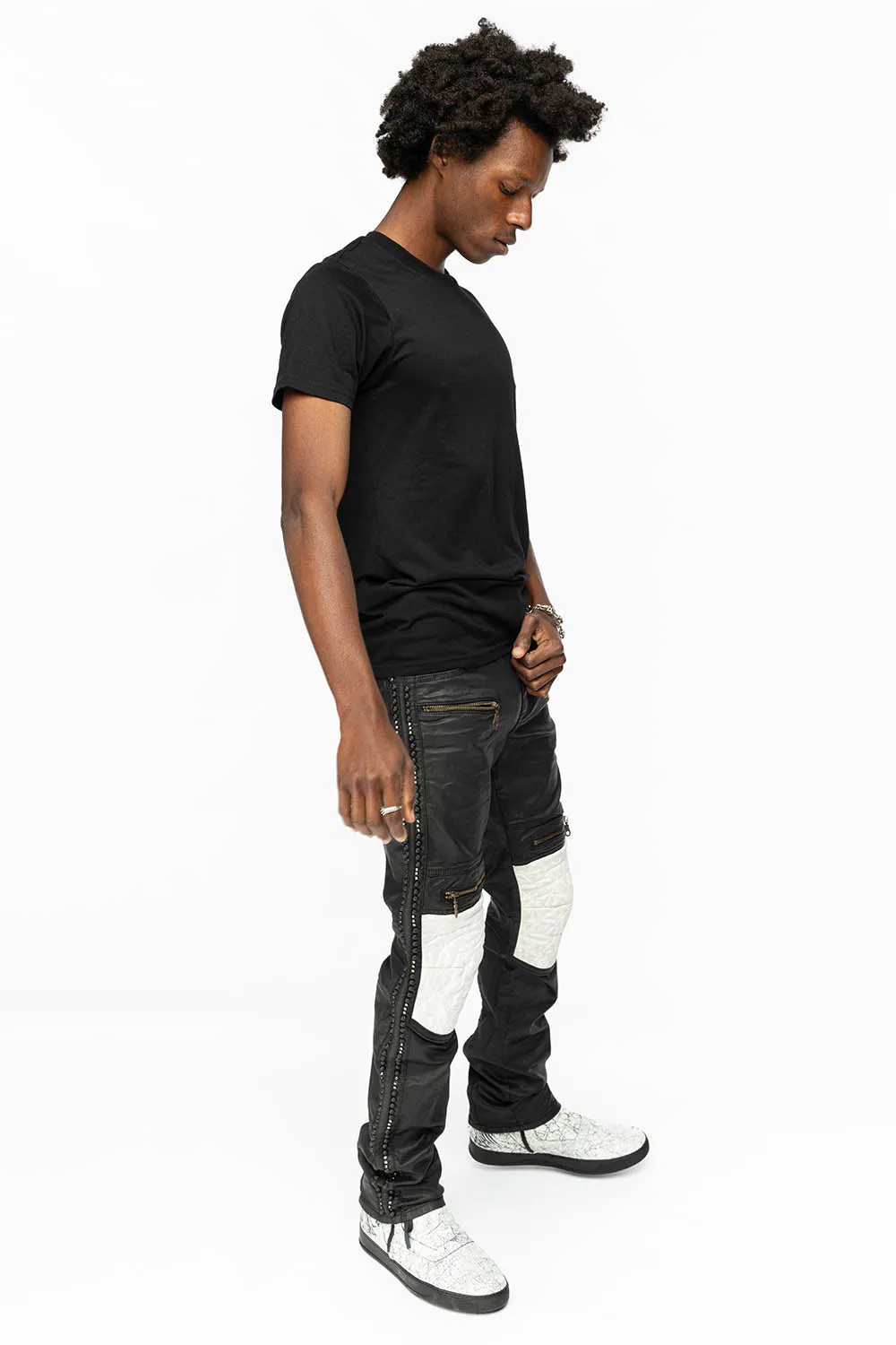 MENS BIKER JEANS IN DY FABRIC IN BLACK WASH WITH WHITE INSERTS WITH STUDS AND CRYSTALS sold by Robin's Jean product image thumbnail 2