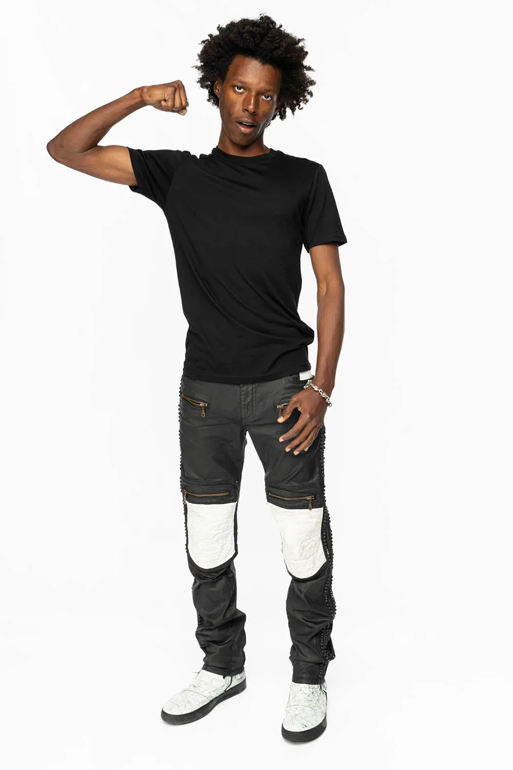 MENS BIKER JEANS IN DY FABRIC IN BLACK WASH WITH WHITE INSERTS WITH STUDS AND CRYSTALS sold by Robin's Jean product image thumbnail 3