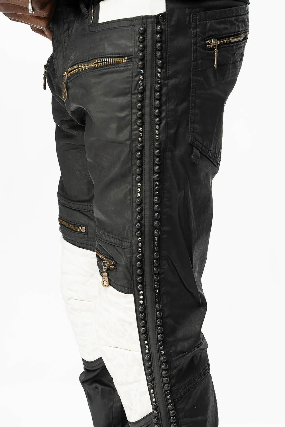 MENS BIKER JEANS IN DY FABRIC IN BLACK WASH WITH WHITE INSERTS WITH STUDS AND CRYSTALS sold by Robin's Jean product image thumbnail 4