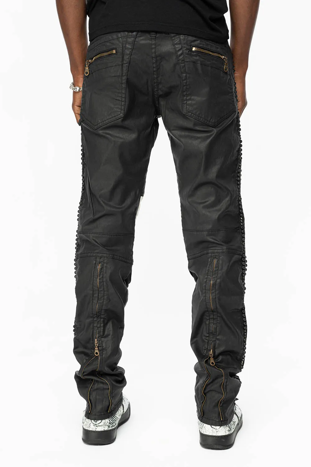 MENS BIKER JEANS IN DY FABRIC IN BLACK WASH WITH WHITE INSERTS WITH STUDS AND CRYSTALS sold by Robin's Jean product image thumbnail 5