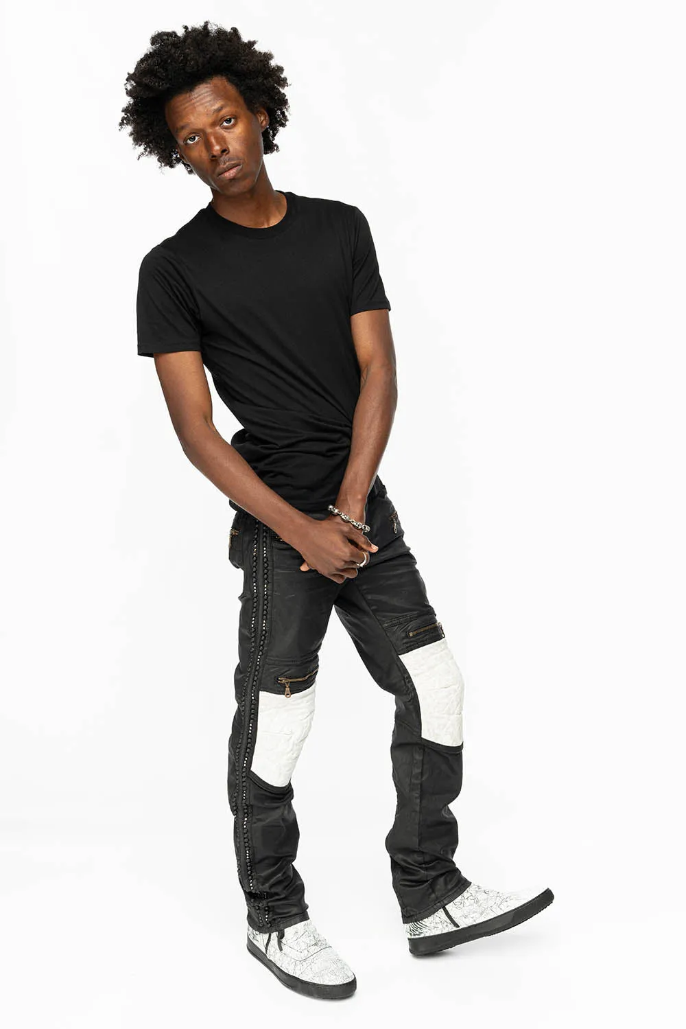 MENS BIKER JEANS IN DY FABRIC IN BLACK WASH WITH WHITE INSERTS WITH STUDS AND CRYSTALS sold by Robin's Jean