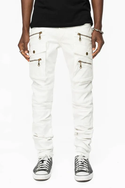 MENS MOTO BIKER JEANS WITH UTILITY POCKETS IN WHITE sold by Robin's Jean