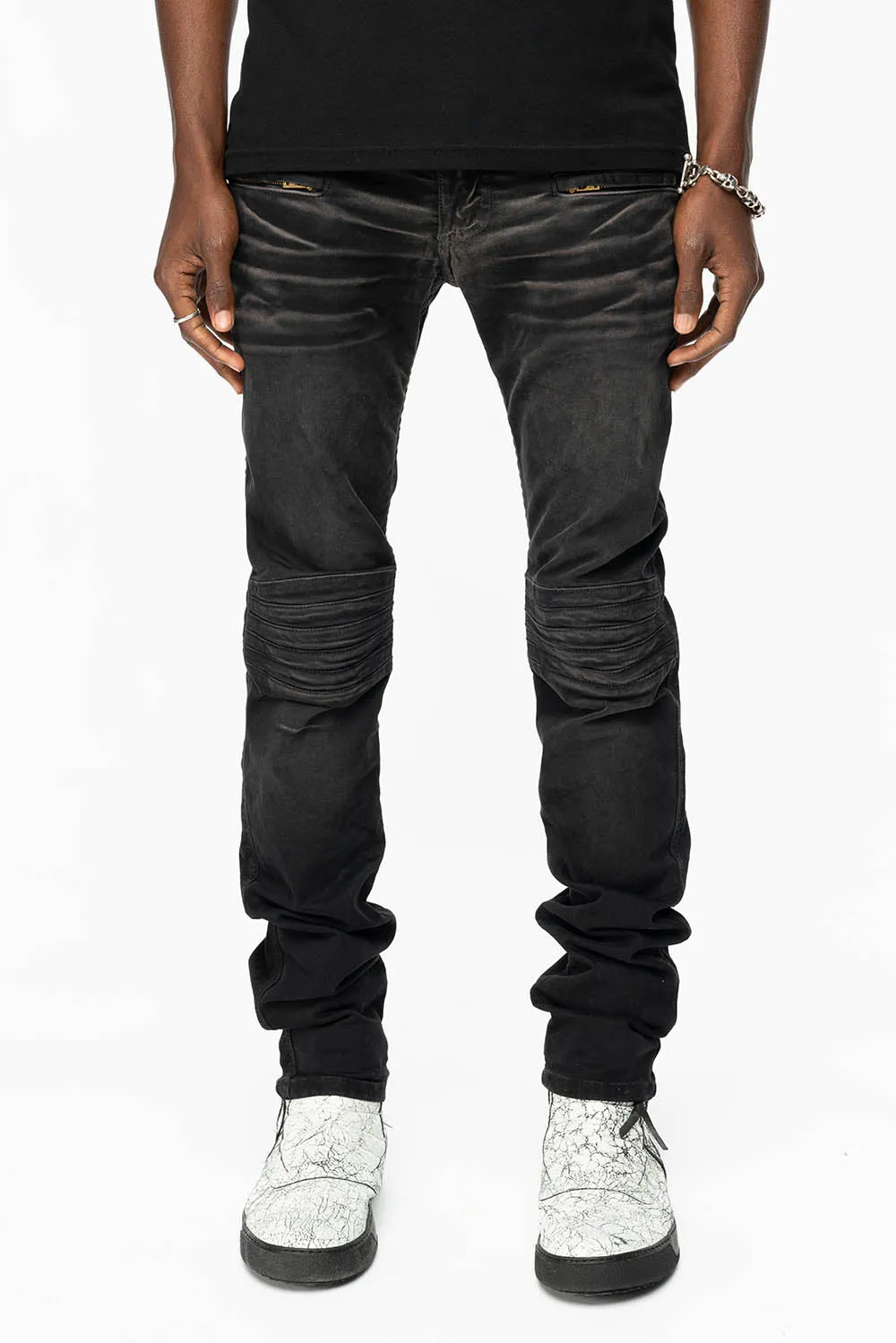 MENS MOTO BIKER JEANS IN BLACK PIGMENT SPRAY WASH sold by Robin's Jean