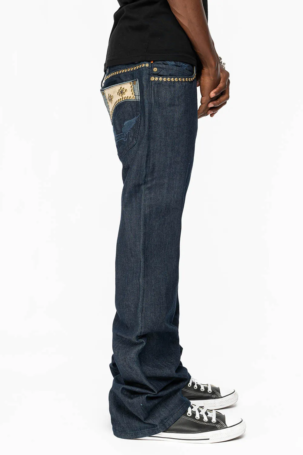 WESTERN BOOT CUT JEAN WITH ULTRA SUEDE POCKET EMBELLISHED WITH CRYSTALS AND STUDS IN RINSE WASH sold by Robin's Jean product image thumbnail 3