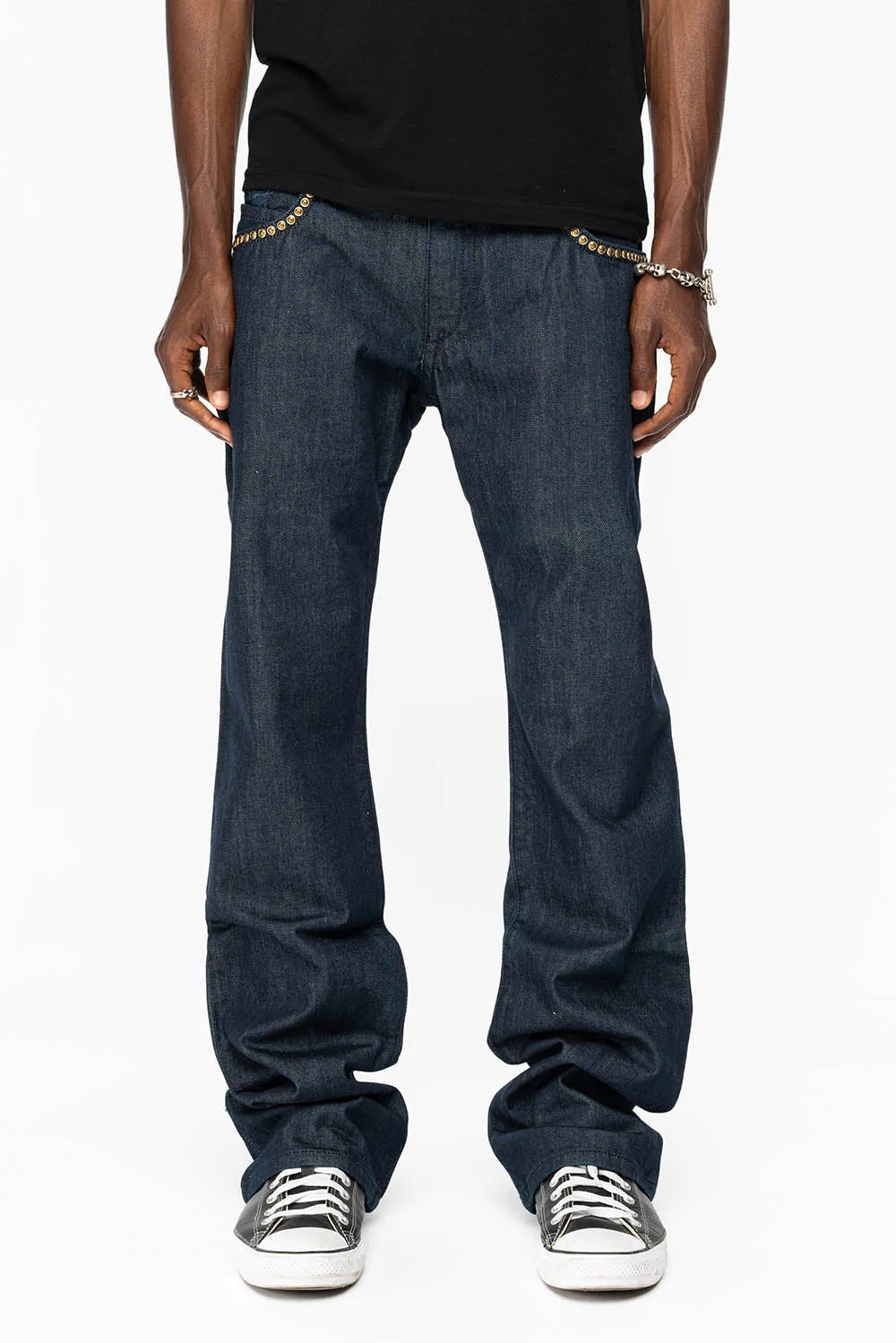 WESTERN BOOT CUT JEAN WITH ULTRA SUEDE POCKET EMBELLISHED WITH CRYSTALS AND STUDS IN RINSE WASH sold by Robin's Jean product image thumbnail 2