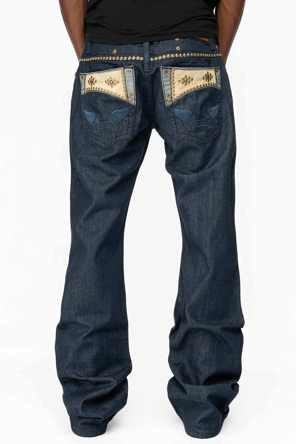 WESTERN BOOT CUT JEAN WITH ULTRA SUEDE POCKET EMBELLISHED WITH CRYSTALS AND STUDS IN RINSE WASH sold by Robin's Jean