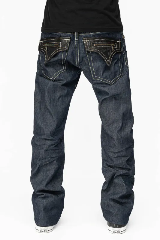 CLINT W/BLACK LEATHER ZIPPER  FLAPS IN RINSE WASH sold by Robin's Jean